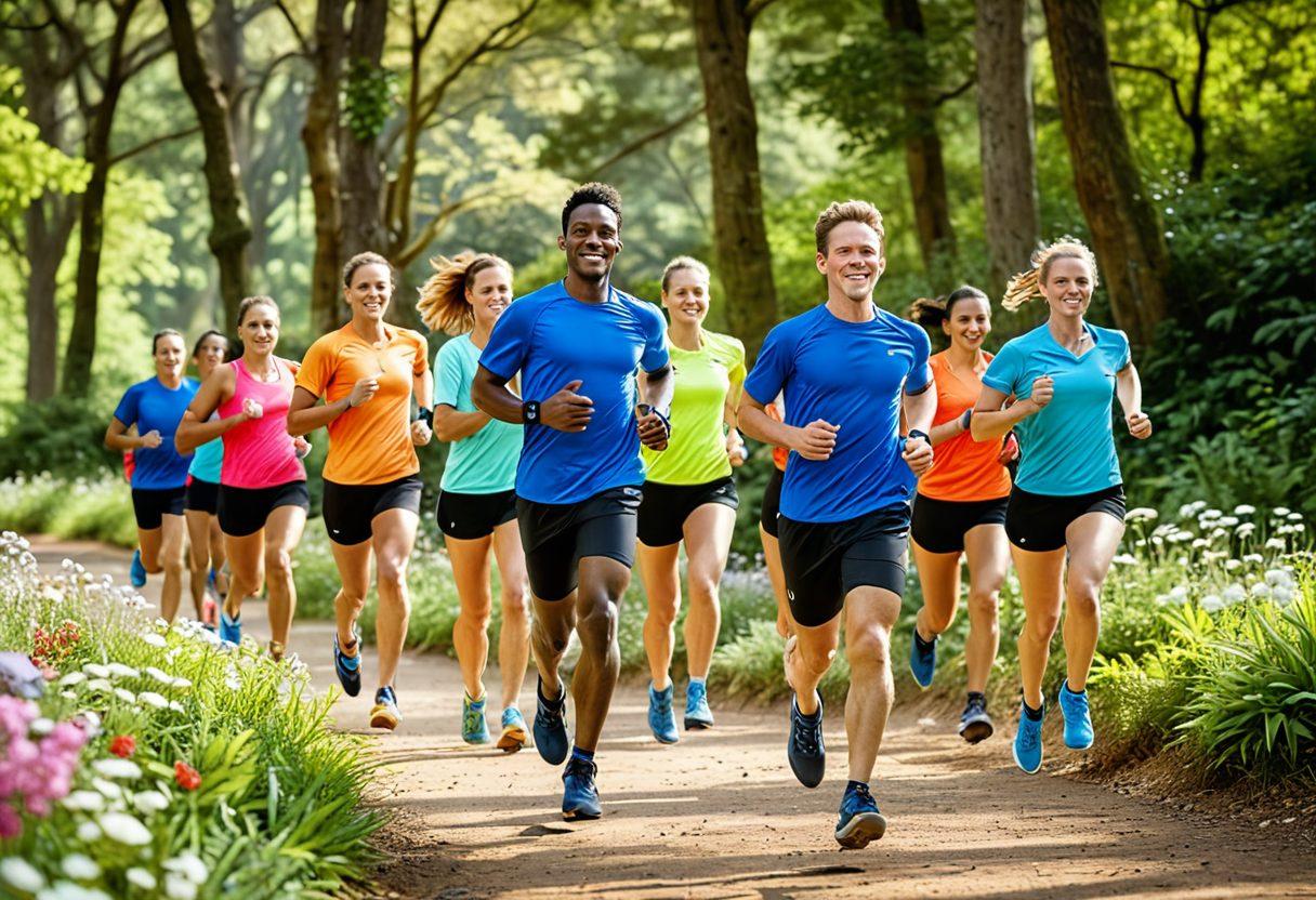 A dynamic scene featuring a diverse group of runners in action, showcasing various high-tech running gear like lightweight shoes, moisture-wicking apparel, and smartwatches. Include an environment with a scenic route, such as a park or trail, filled with lush greenery and cheering spectators. The runners exhibit determination and joy, embodying the spirit of competition and fitness. Capture the essence of speed, energy, and passion for running. vibrant colors. super-realistic.