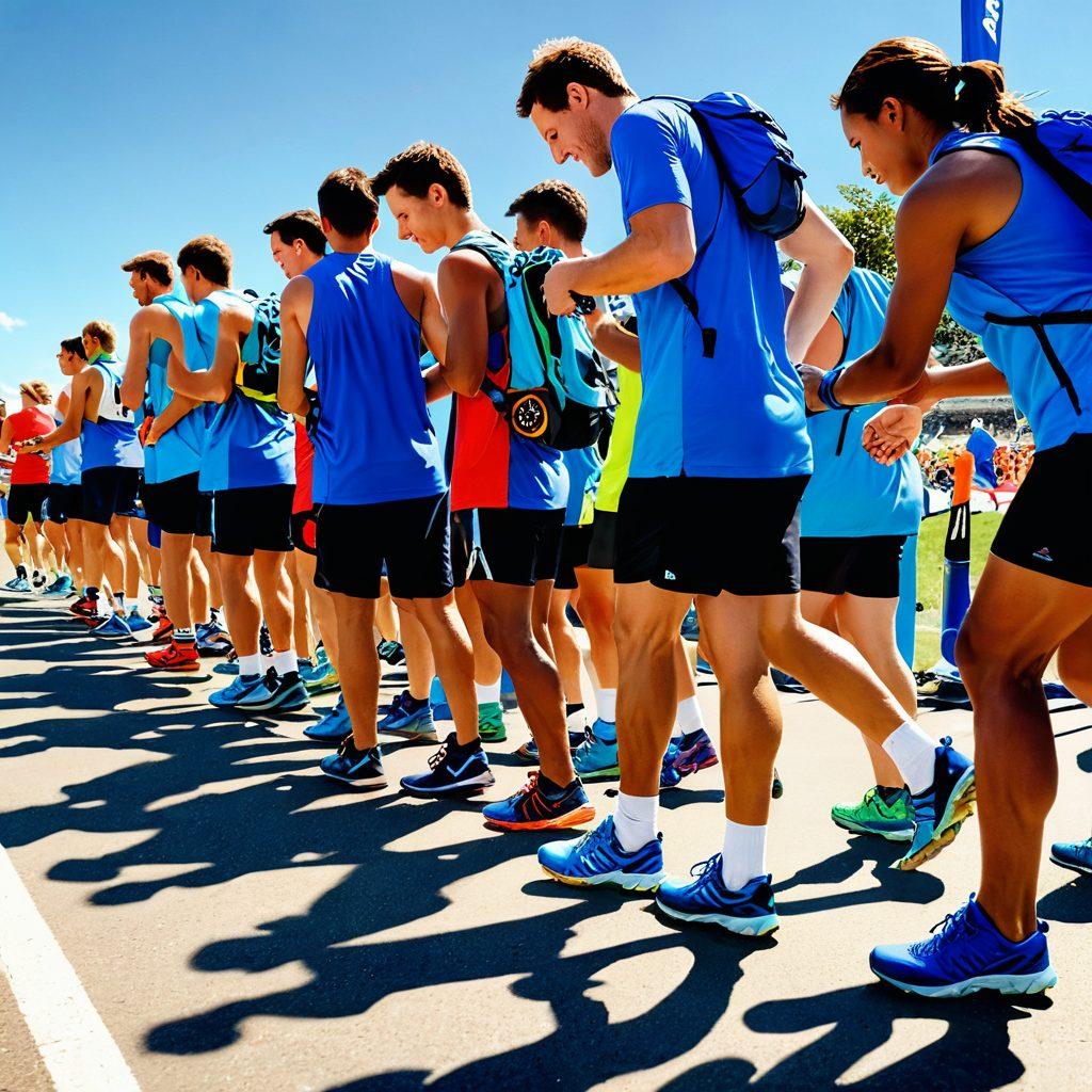 A dynamic race day scene featuring a diverse group of runners lacing up colorful shoes and preparing hydration packs at the start line. The atmosphere is filled with vibrant banners, enthusiastic spectators, and a bright blue sky, symbolizing energy and excitement. Include a checklist next to the runners with highlighted essential race gear items. super-realistic. vibrant colors. energetic composition.