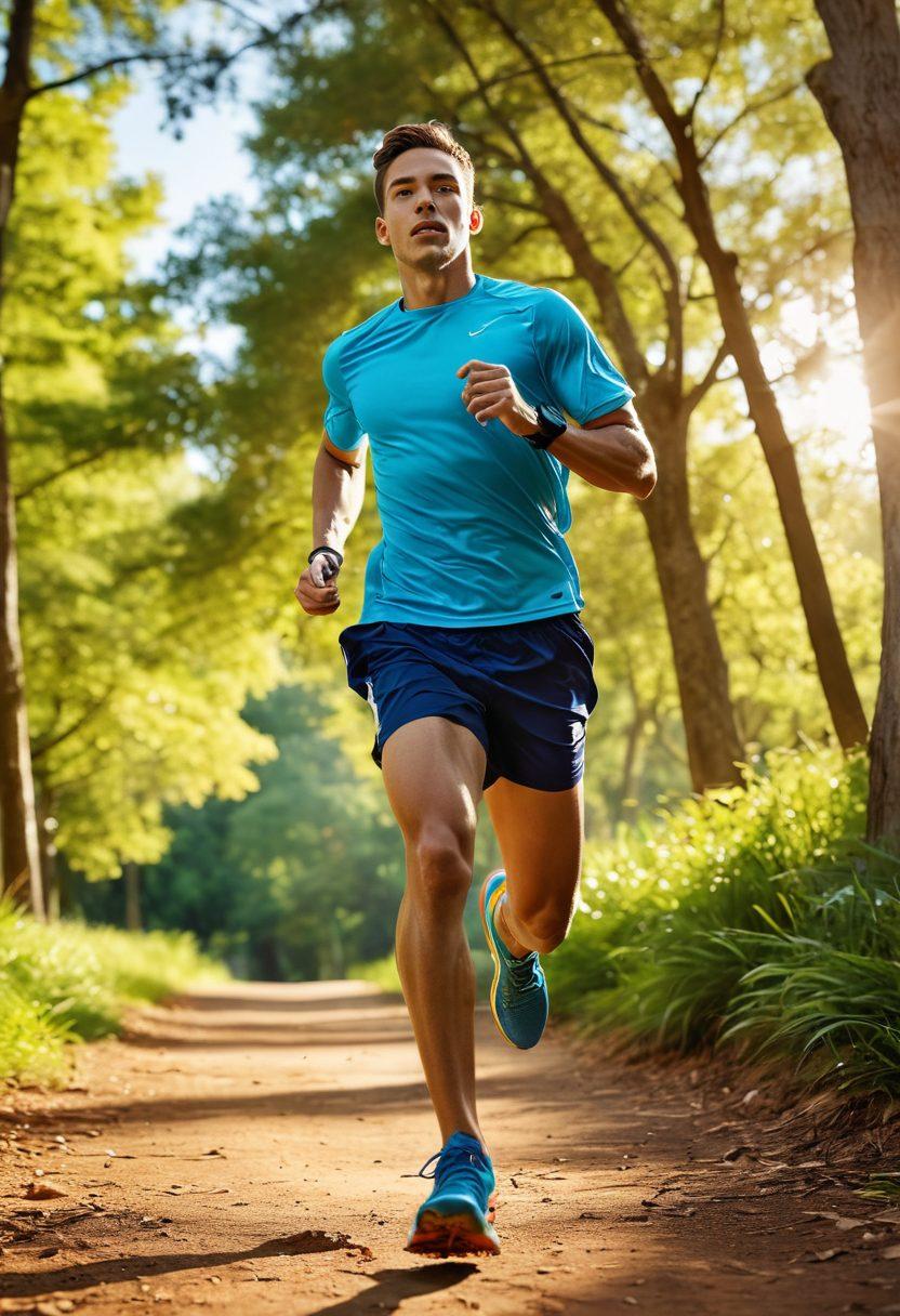 A dynamic runner in vibrant, high-performance apparel, sprinting through a sunlit park, showcasing various running accessories like lightweight shoes, a smart watch, and hydration gear. The background features trees and a clear blue sky, symbolizing freedom and energy. Emphasize the energy and motion of the runner, with colorful gear contrasting against a natural setting. super-realistic. vibrant colors. outdoor scene.